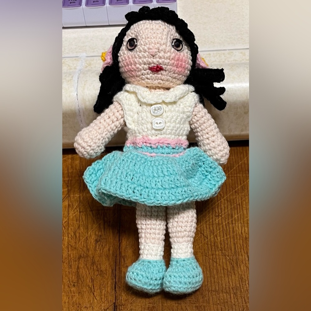 Handmade Crochet Doll with Blue Dress